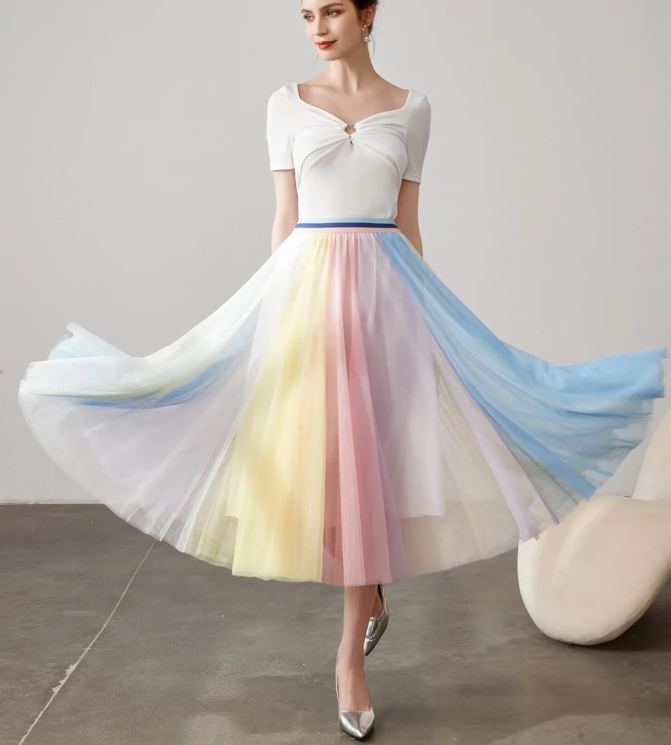 Women Pleated Long Tulle Skirt High Elastic Waist Swing Casual Midi Skirt