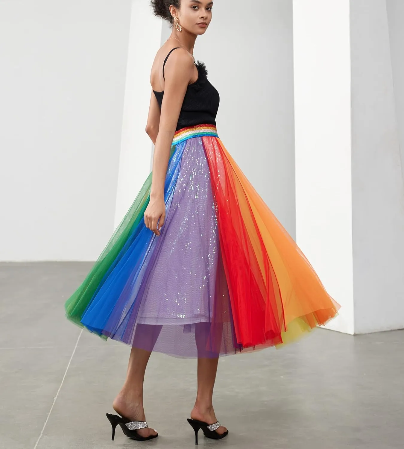 Women Pleated Long Tulle Skirt High Elastic Waist Swing Casual Midi Skirt