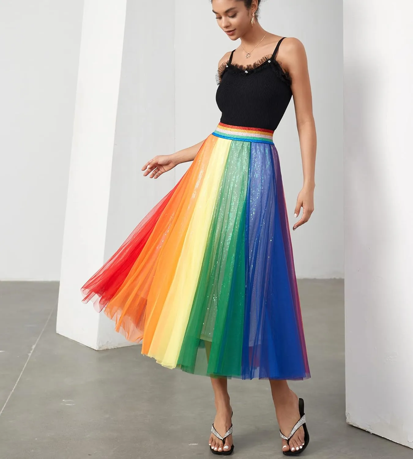 Women Pleated Long Tulle Skirt High Elastic Waist Swing Casual Midi Skirt