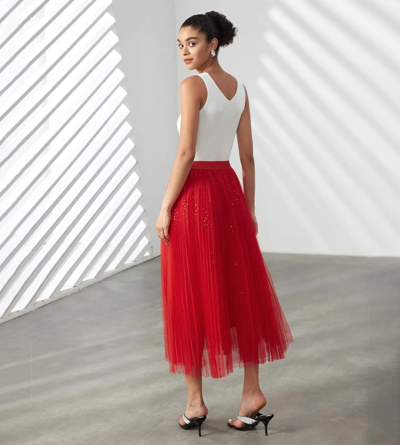 Women Pleated Long Tulle Skirt High Elastic Waist Swing Casual Midi Skirt