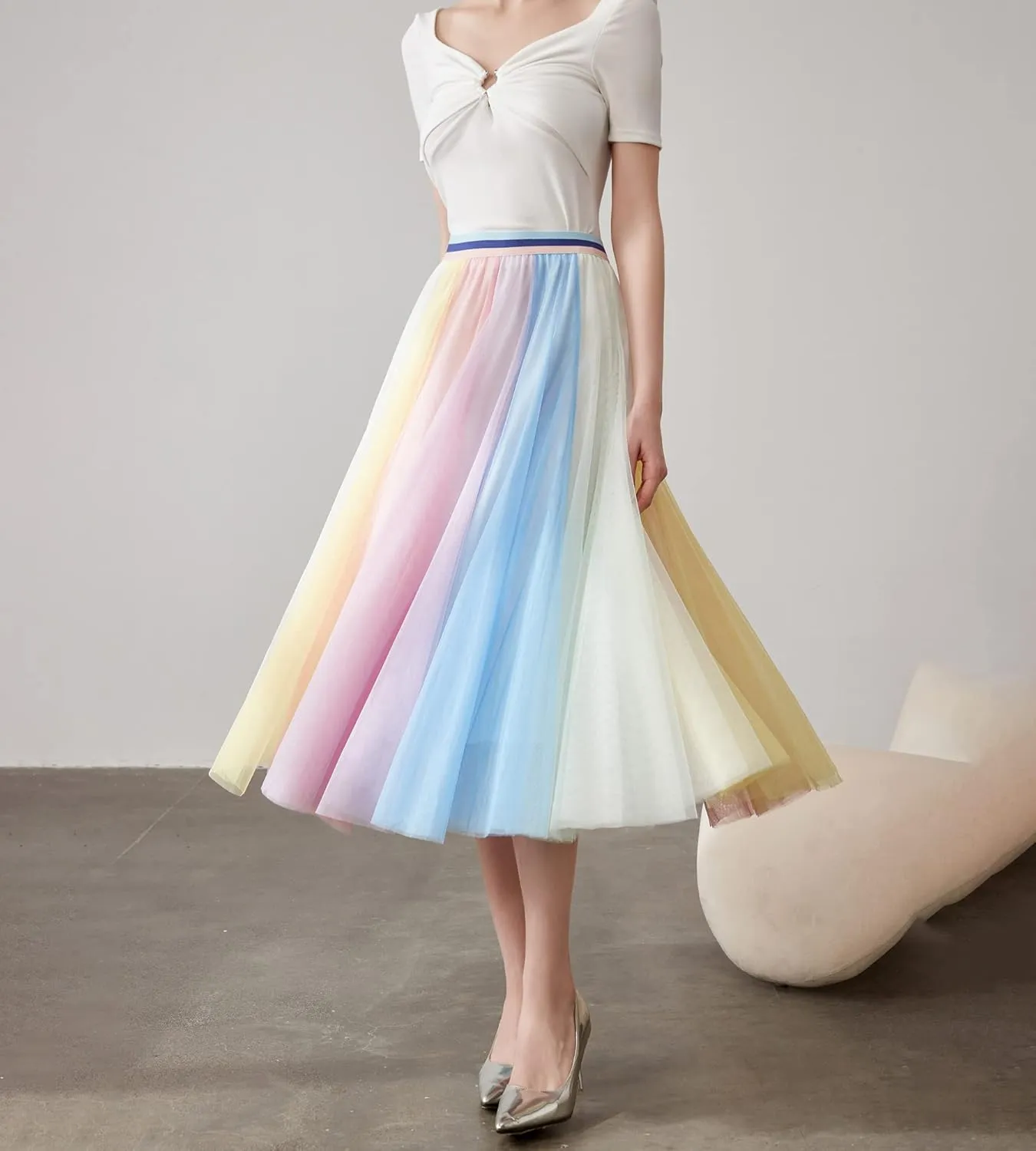 Women Pleated Long Tulle Skirt High Elastic Waist Swing Casual Midi Skirt