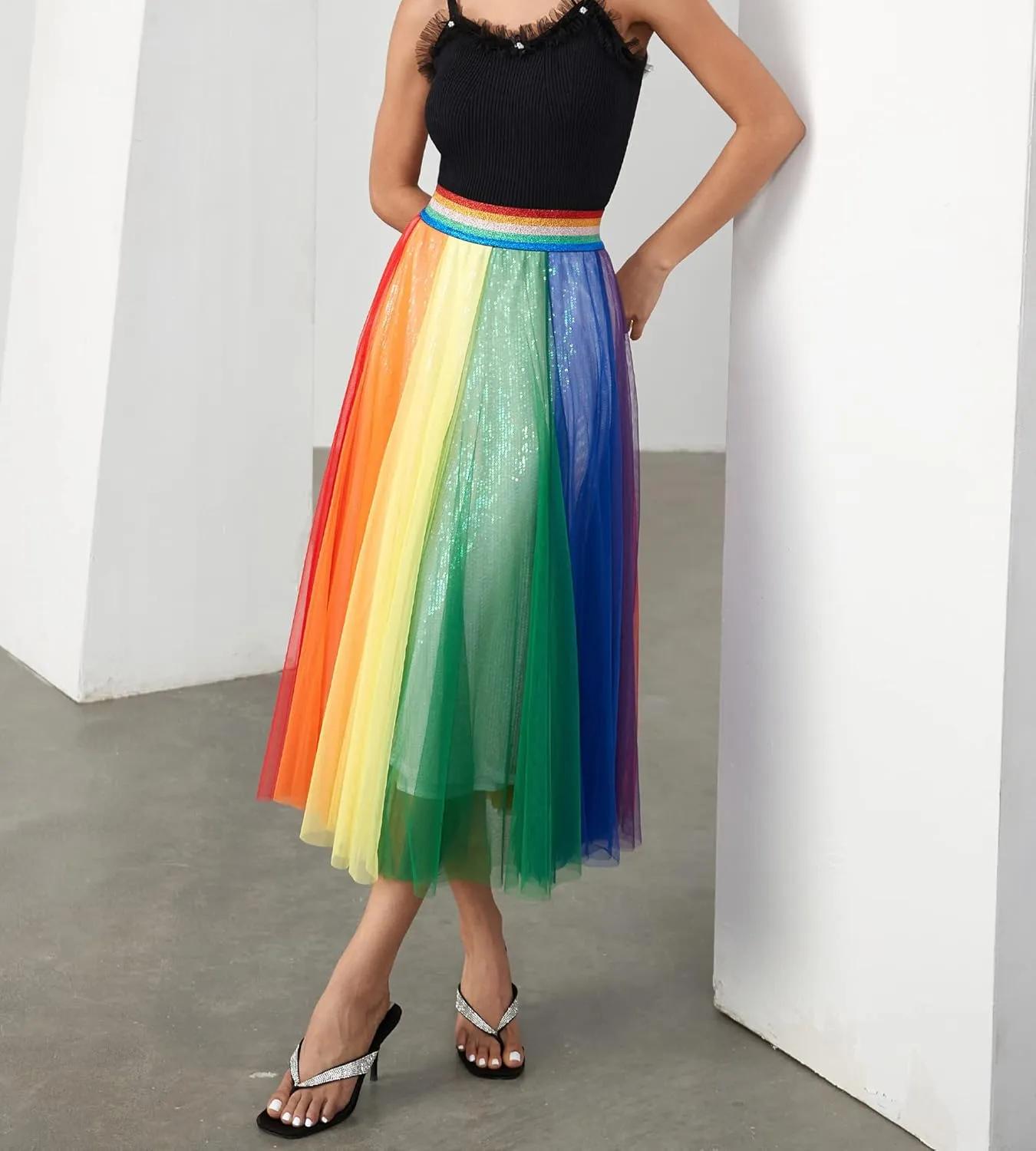 Women Pleated Long Tulle Skirt High Elastic Waist Swing Casual Midi Skirt