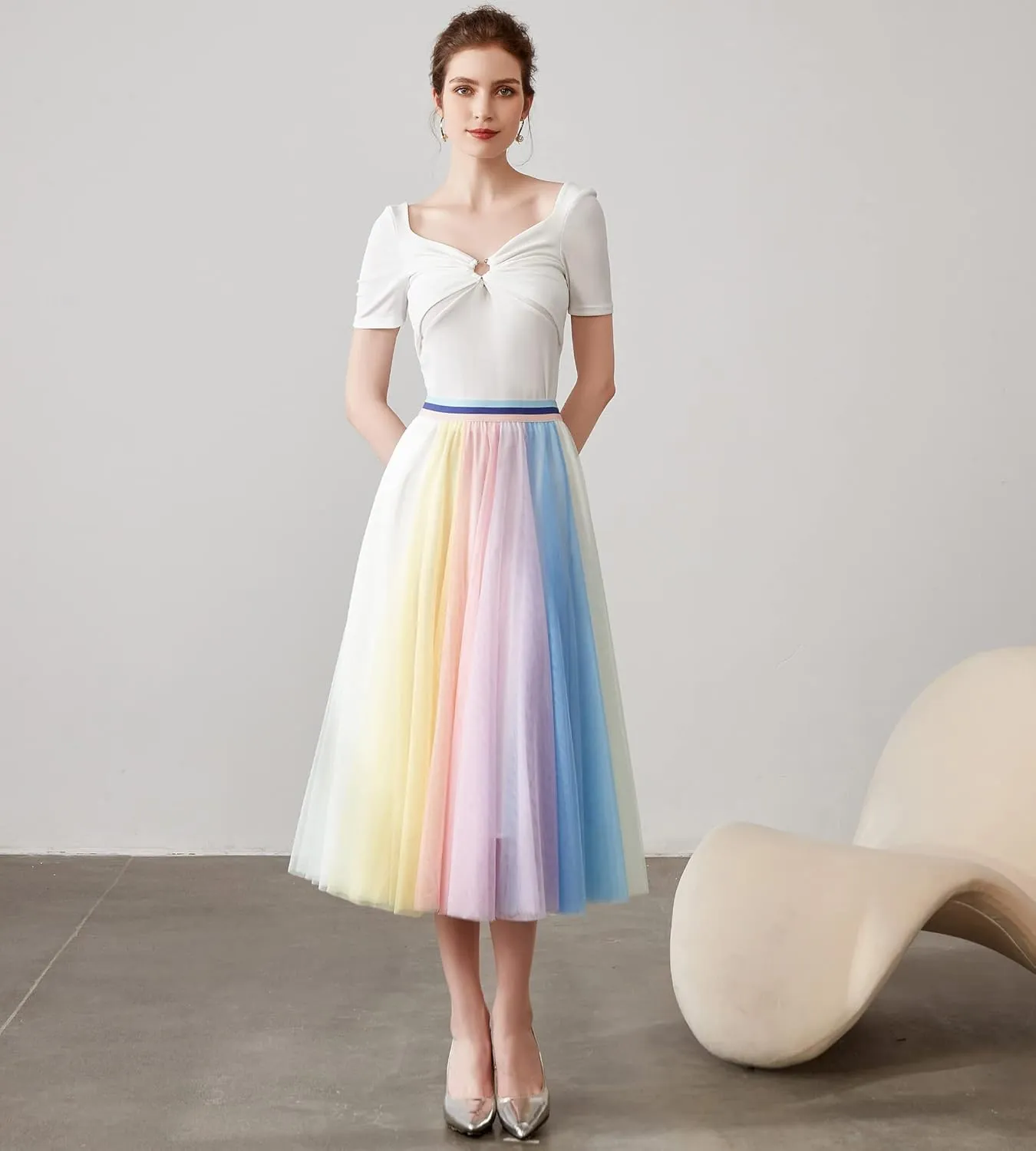 Women Pleated Long Tulle Skirt High Elastic Waist Swing Casual Midi Skirt