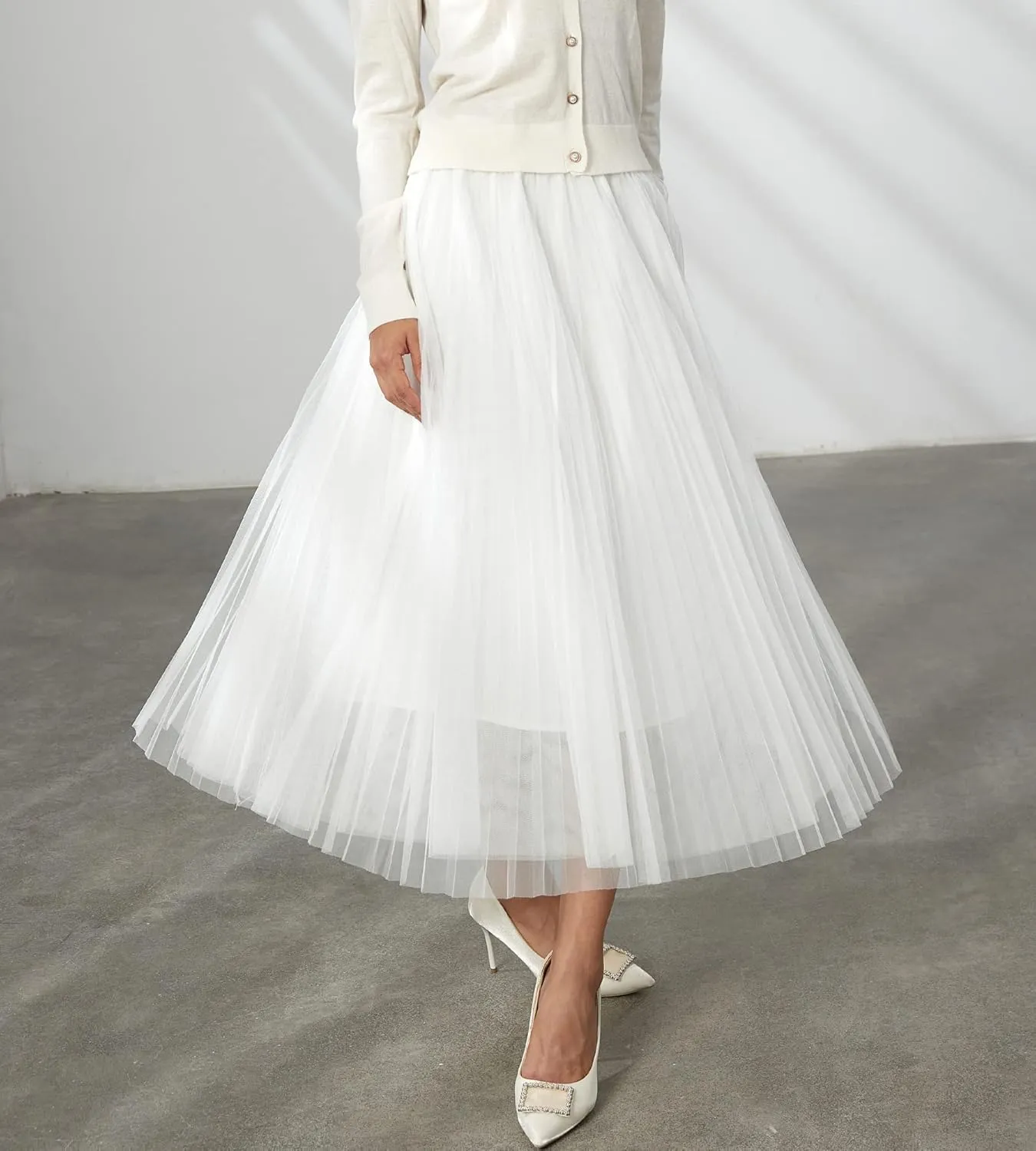 Women Pleated Long Tulle Skirt High Elastic Waist Swing Casual Midi Skirt