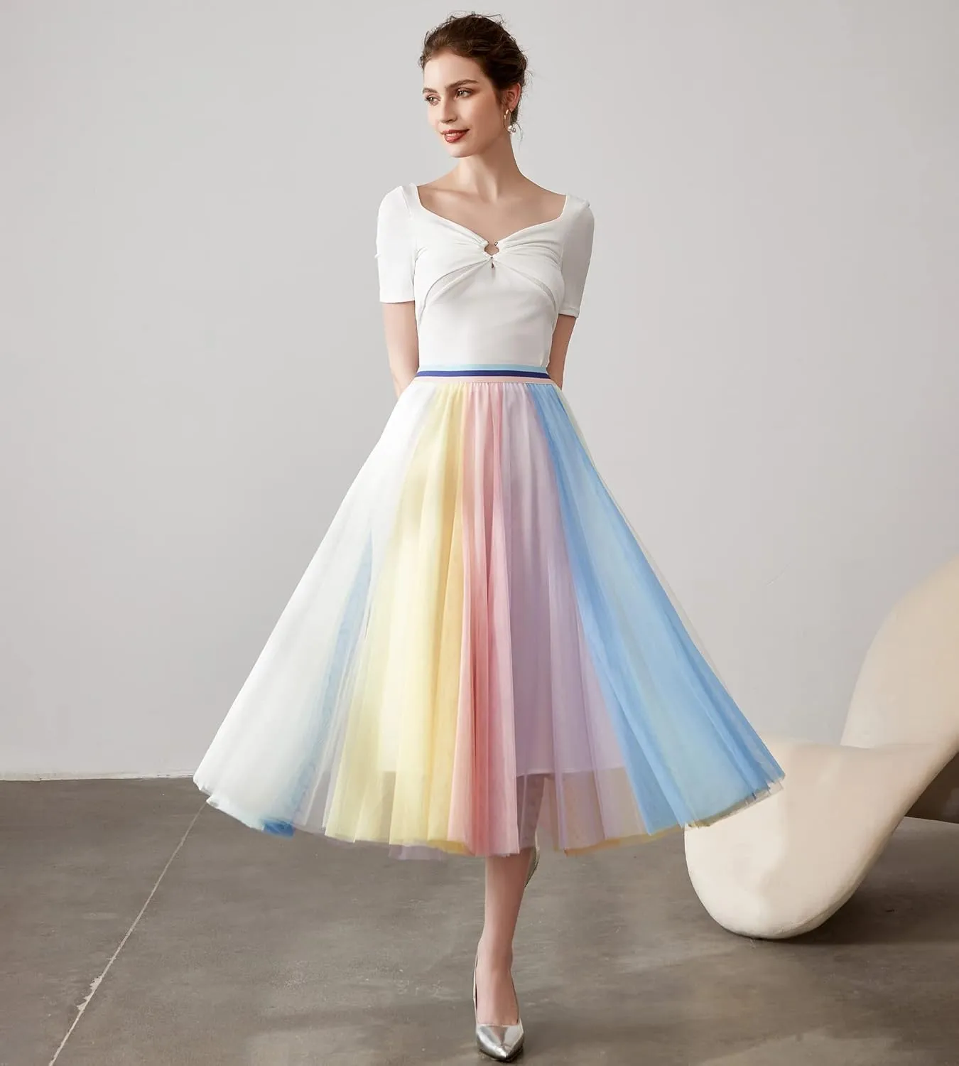 Women Pleated Long Tulle Skirt High Elastic Waist Swing Casual Midi Skirt