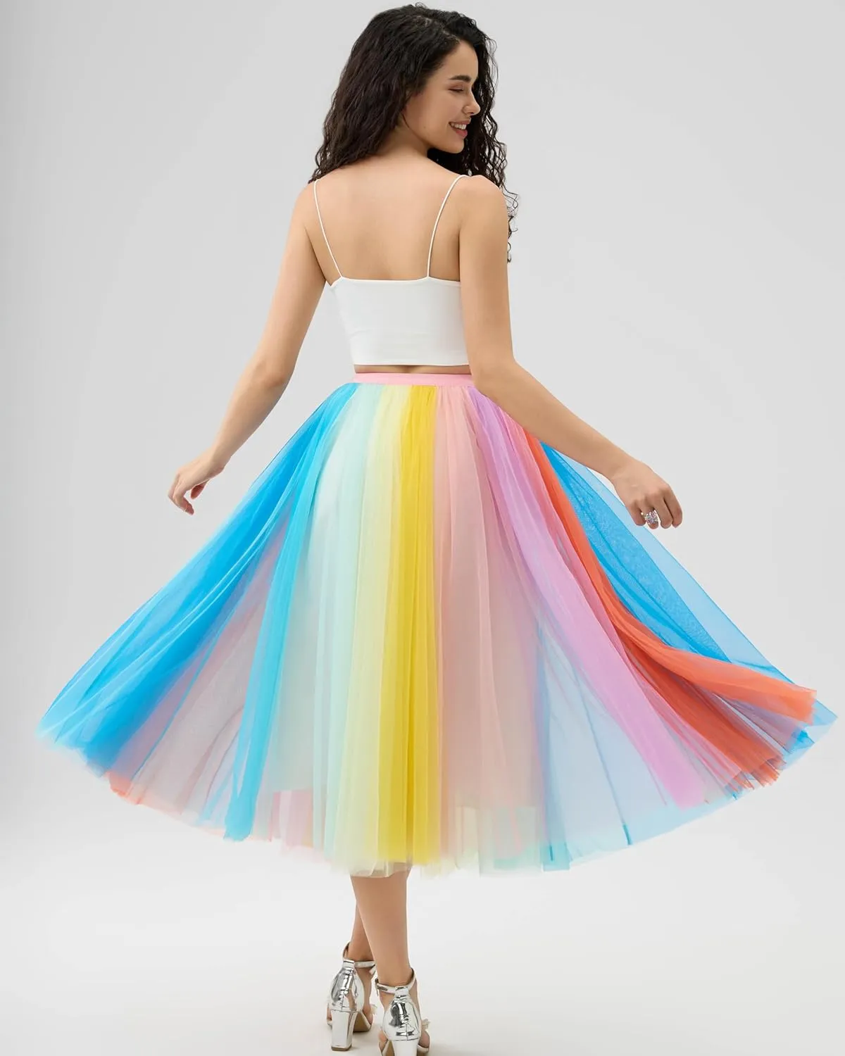 Women Pleated Long Tulle Skirt High Elastic Waist Swing Casual Midi Skirt