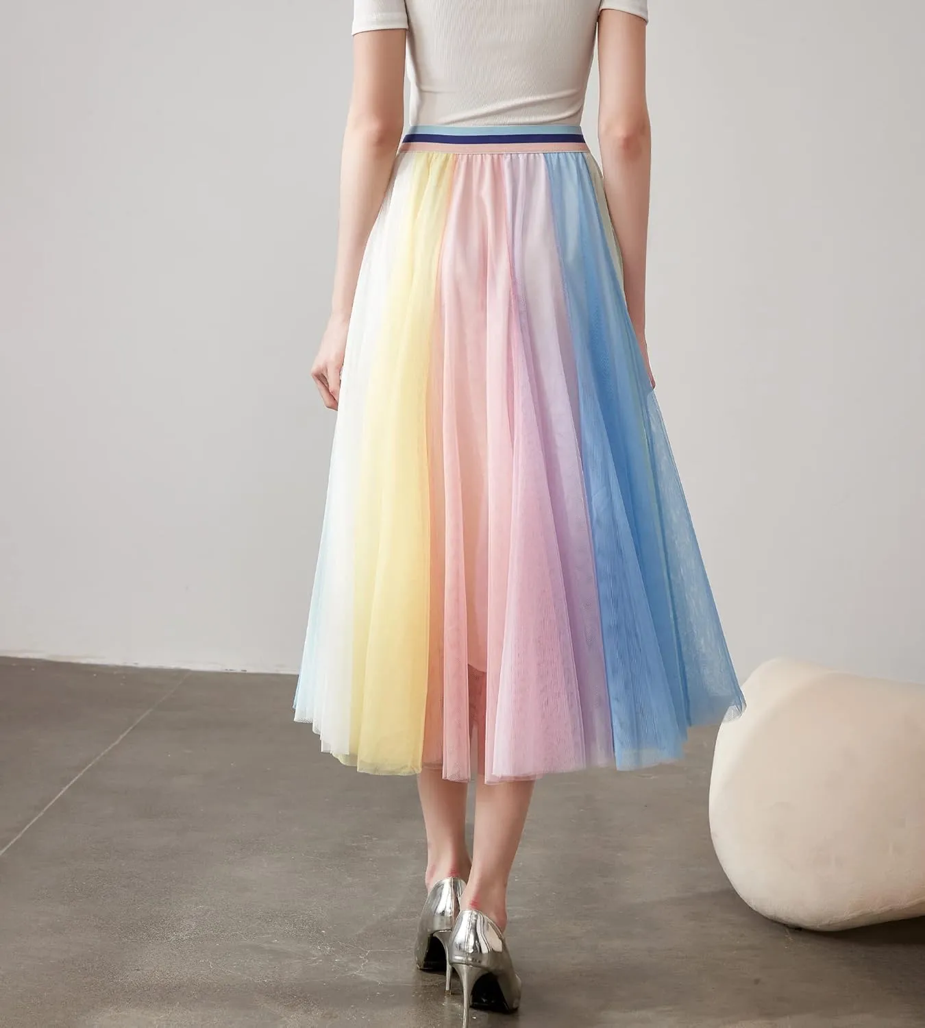 Women Pleated Long Tulle Skirt High Elastic Waist Swing Casual Midi Skirt
