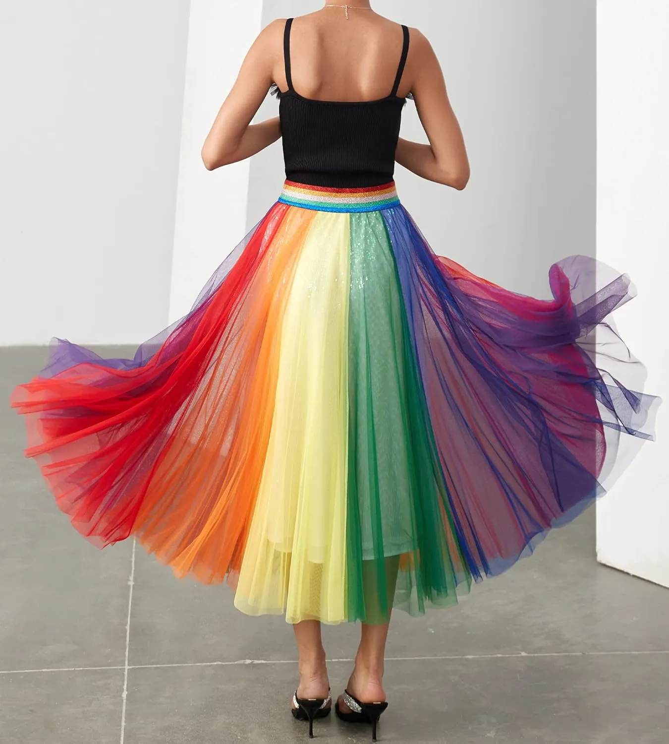 Women Pleated Long Tulle Skirt High Elastic Waist Swing Casual Midi Skirt
