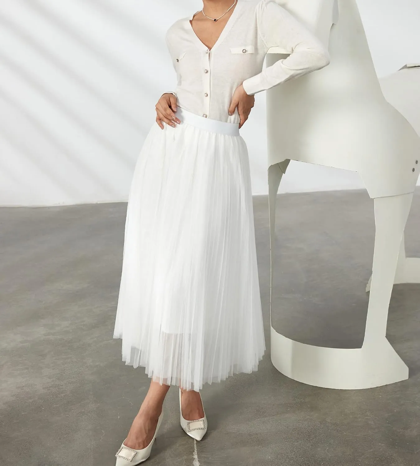 Women Pleated Long Tulle Skirt High Elastic Waist Swing Casual Midi Skirt