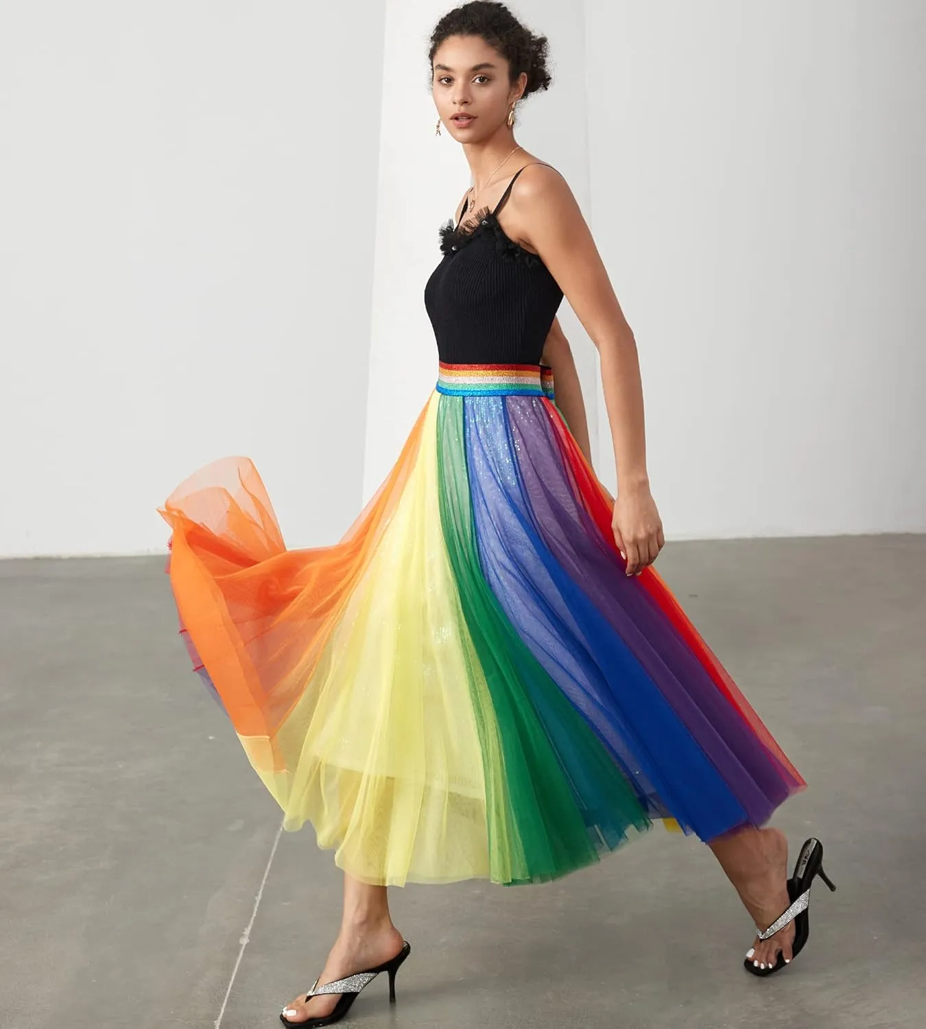 Women Pleated Long Tulle Skirt High Elastic Waist Swing Casual Midi Skirt