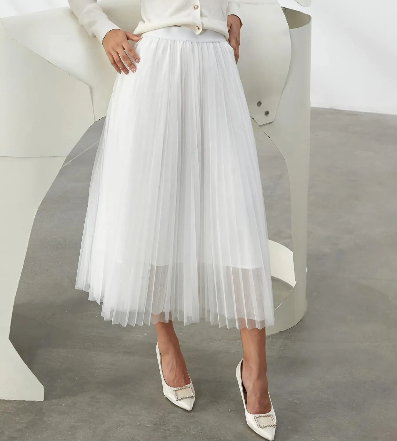 Women Pleated Long Tulle Skirt High Elastic Waist Swing Casual Midi Skirt