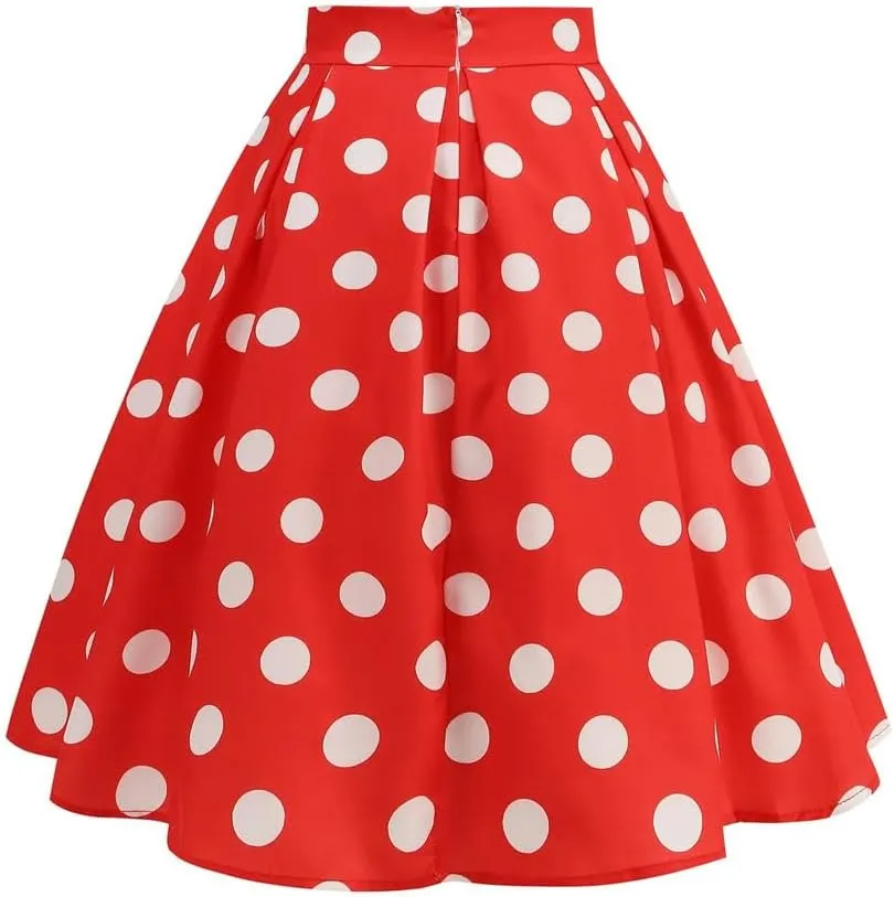 Women Pleated Skirt High Waist Vintage Loose Casual A Line Dot Sundress