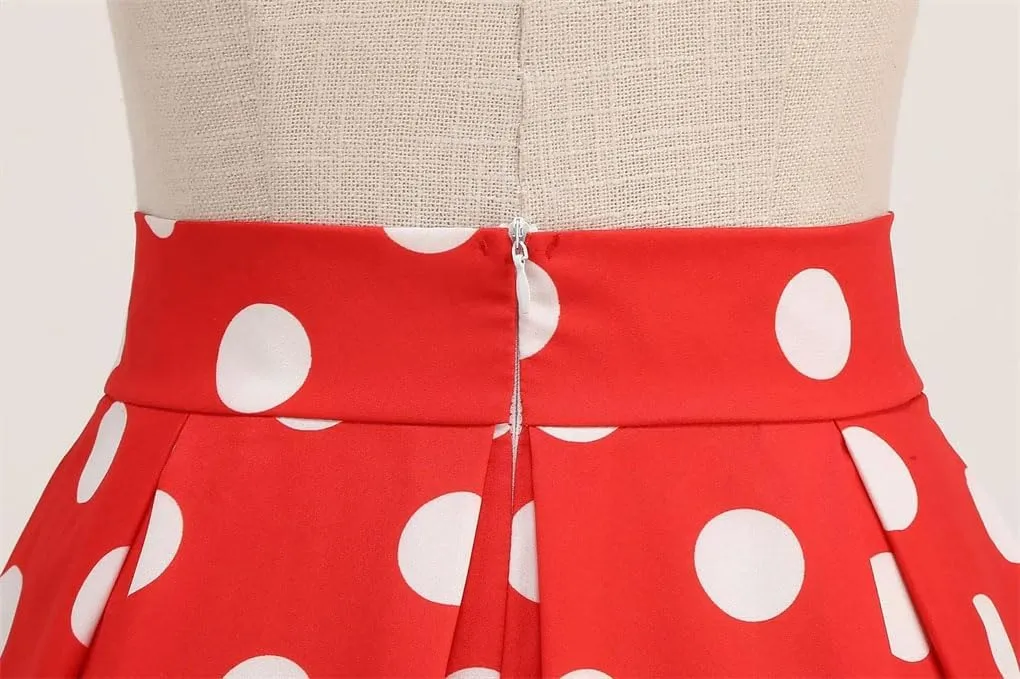 Women Pleated Skirt High Waist Vintage Loose Casual A Line Dot Sundress