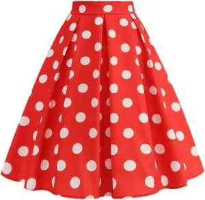 Women Pleated Skirt High Waist Vintage Loose Casual A Line Dot Sundress