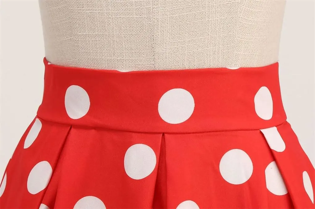 Women Pleated Skirt High Waist Vintage Loose Casual A Line Dot Sundress