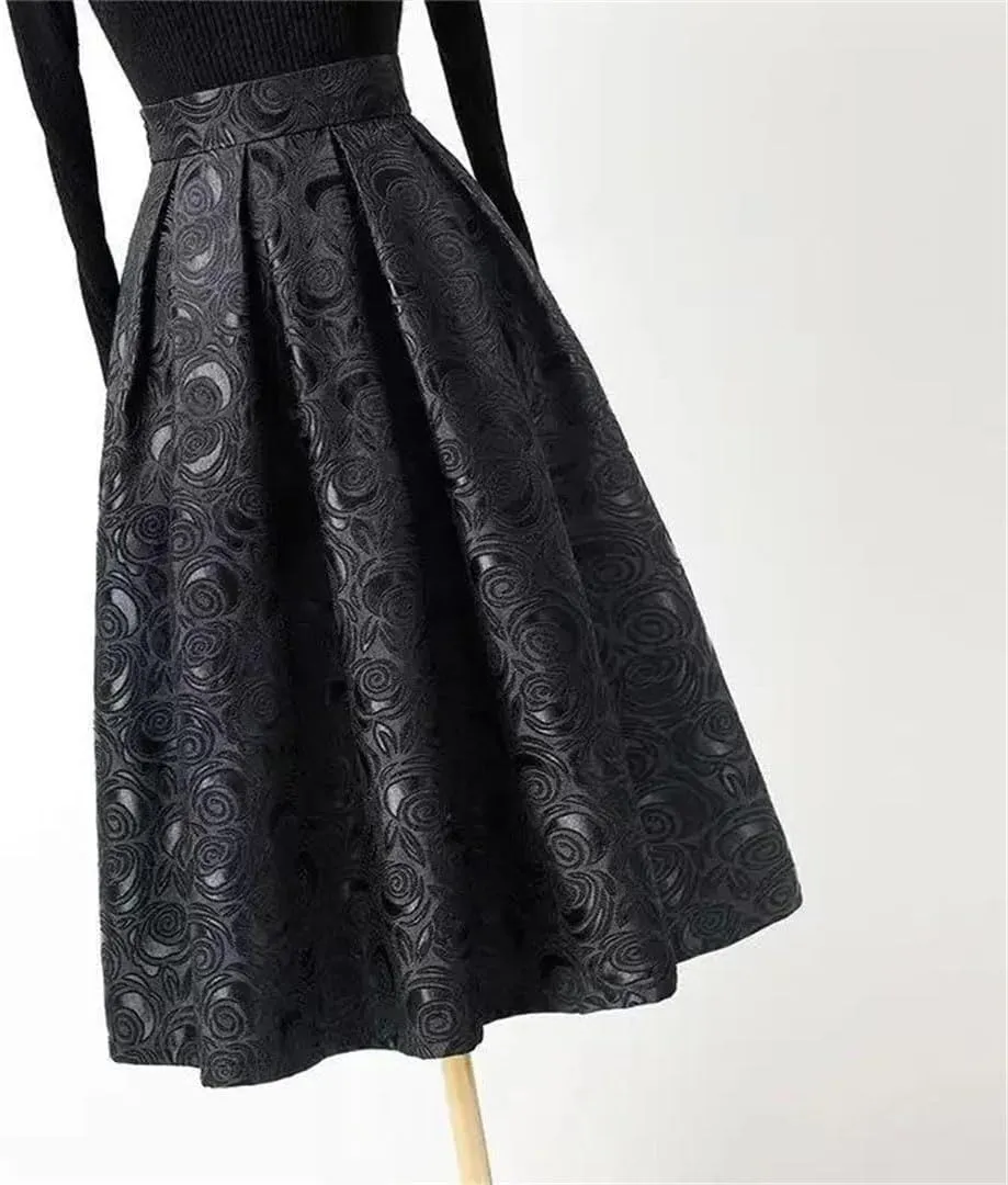 Women Pleated Vintage Elegant Style High Waist Loose A-Line Midi Skirt
