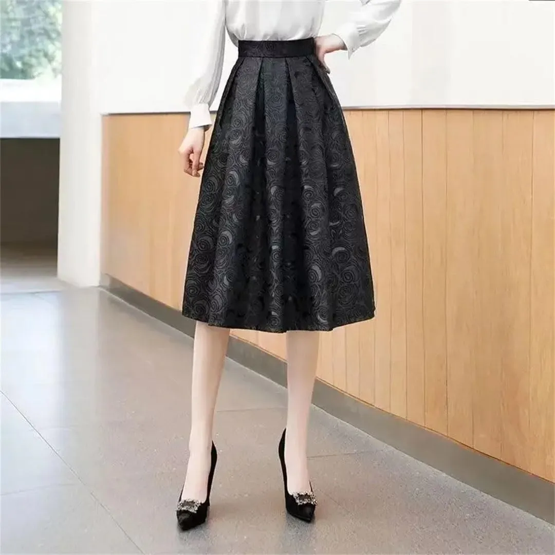 Women Pleated Vintage Elegant Style High Waist Loose A-Line Midi Skirt