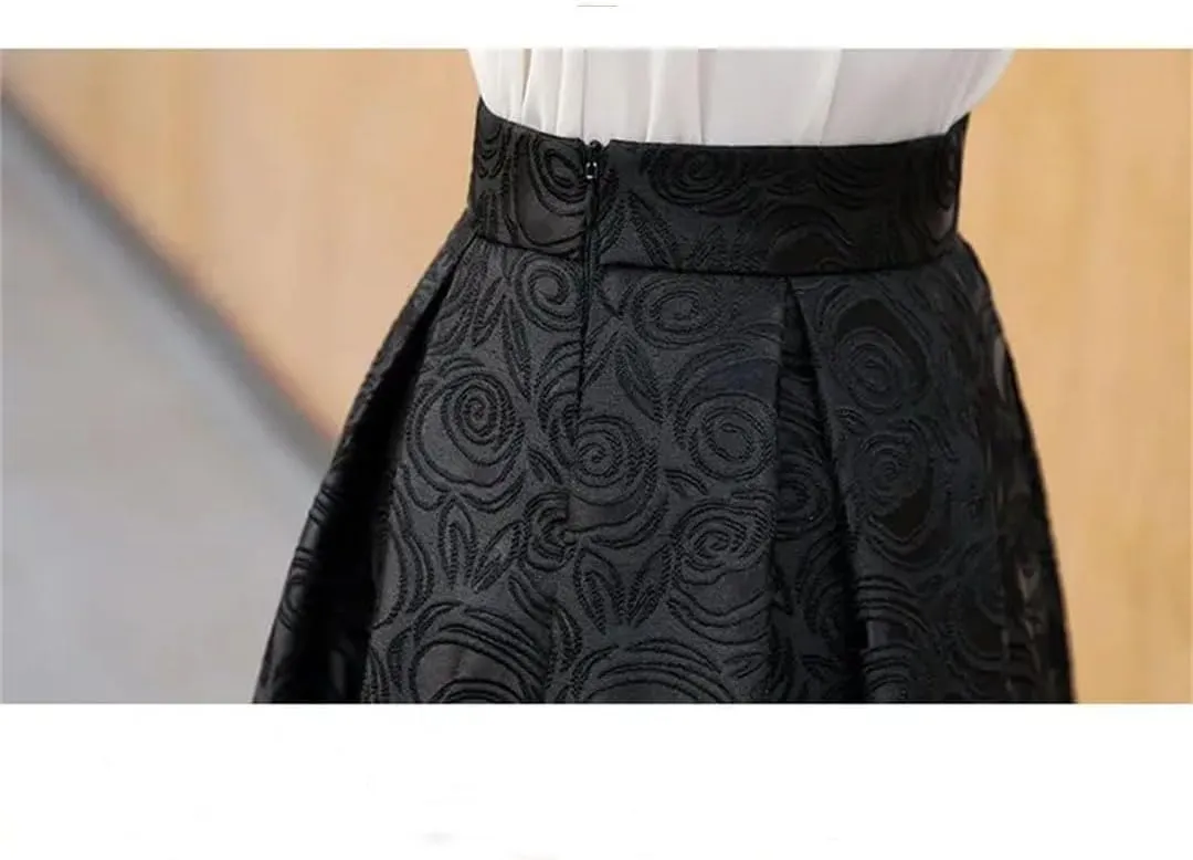Women Pleated Vintage Elegant Style High Waist Loose A-Line Midi Skirt