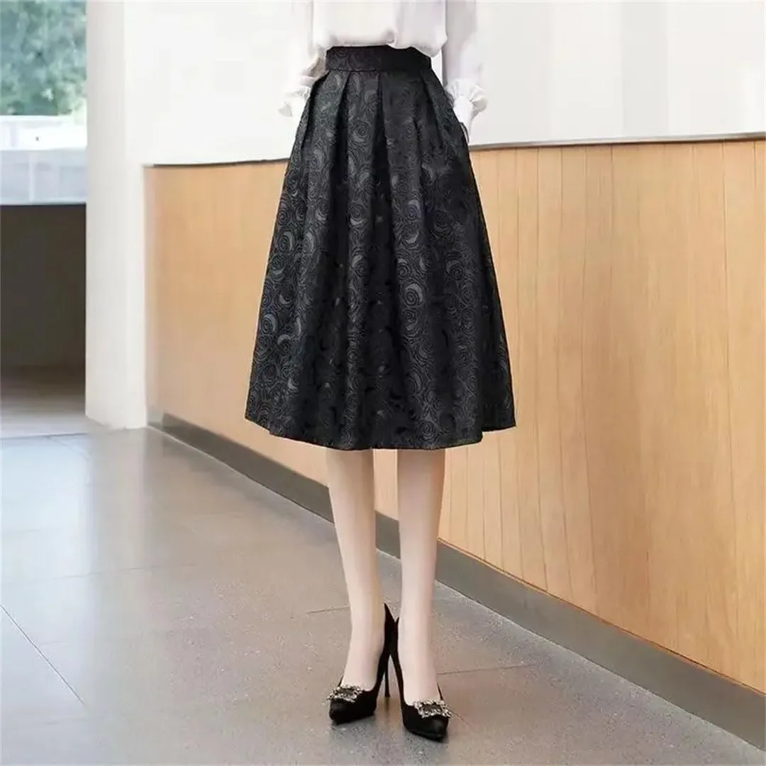 Women Pleated Vintage Elegant Style High Waist Loose A-Line Midi Skirt