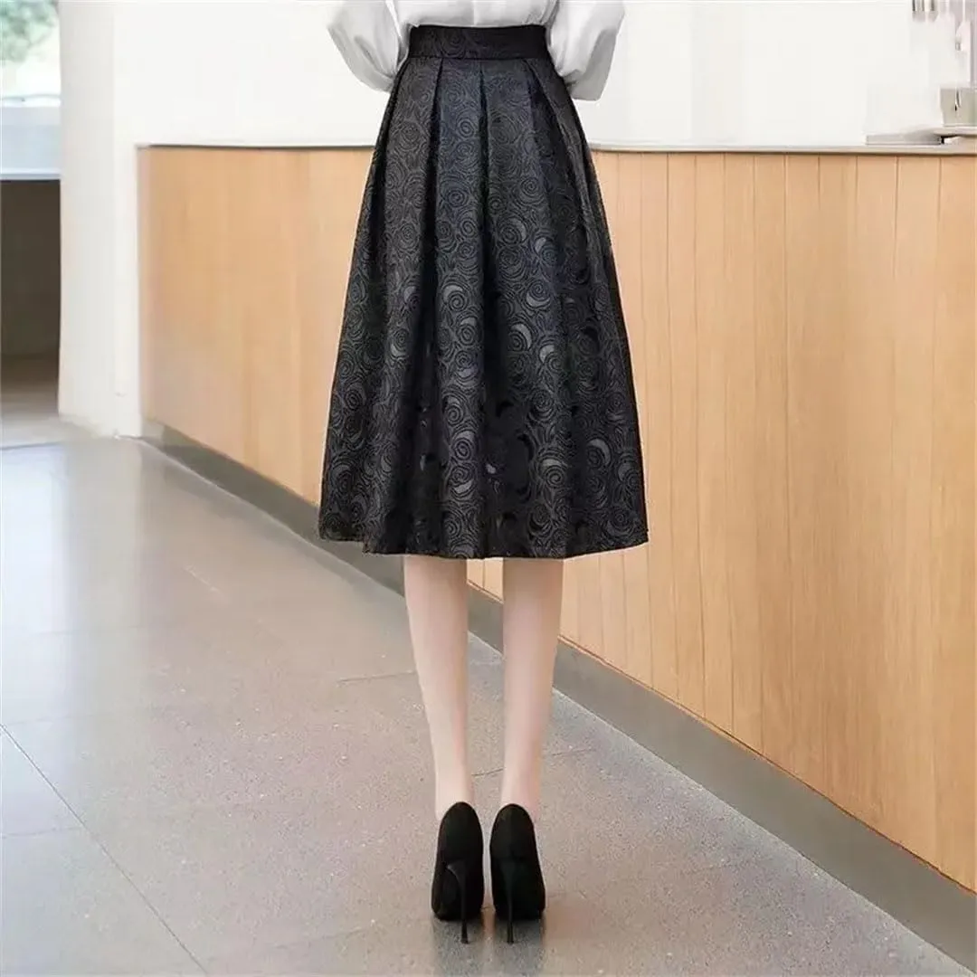 Women Pleated Vintage Elegant Style High Waist Loose A-Line Midi Skirt