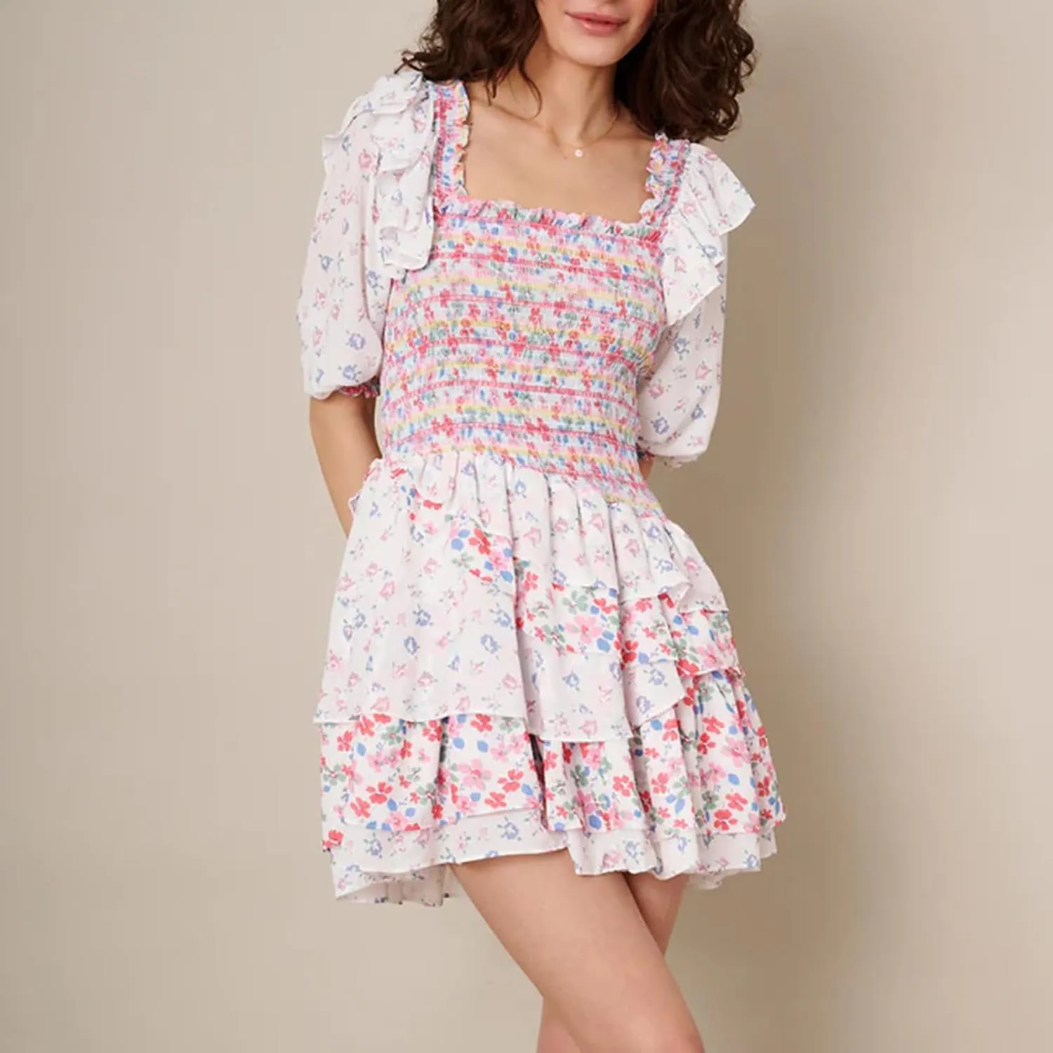 Women Puff Sleeve Mini Dress Casual Floral Square Neck High Waist A-Line Layered Ruffle Babydoll Smocked Dress