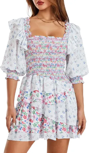 Women Puff Sleeve Mini Dress Casual Floral Square Neck High Waist A-Line Layered Ruffle Babydoll Smocked Dress