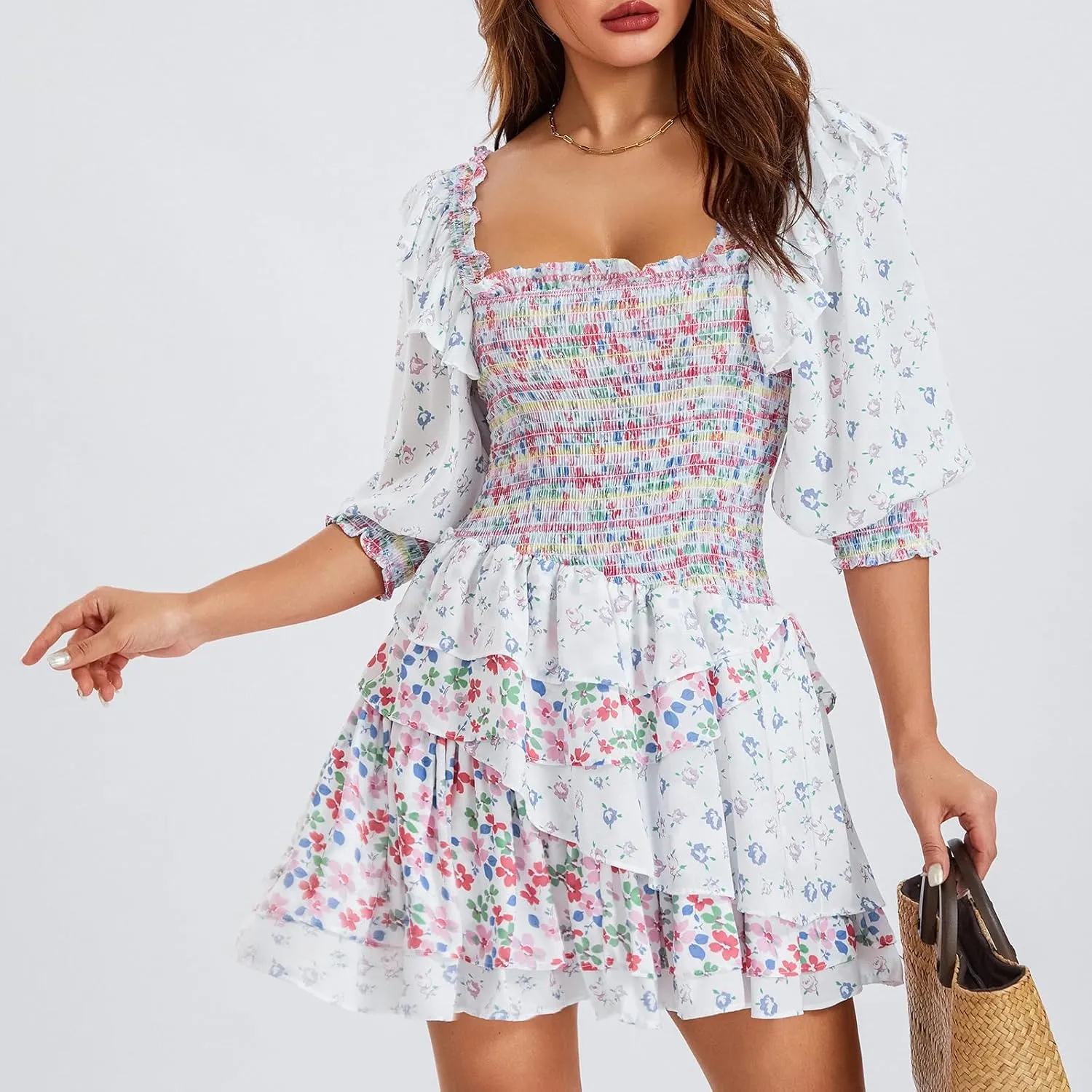 Women Puff Sleeve Mini Dress Casual Floral Square Neck High Waist A-Line Layered Ruffle Babydoll Smocked Dress