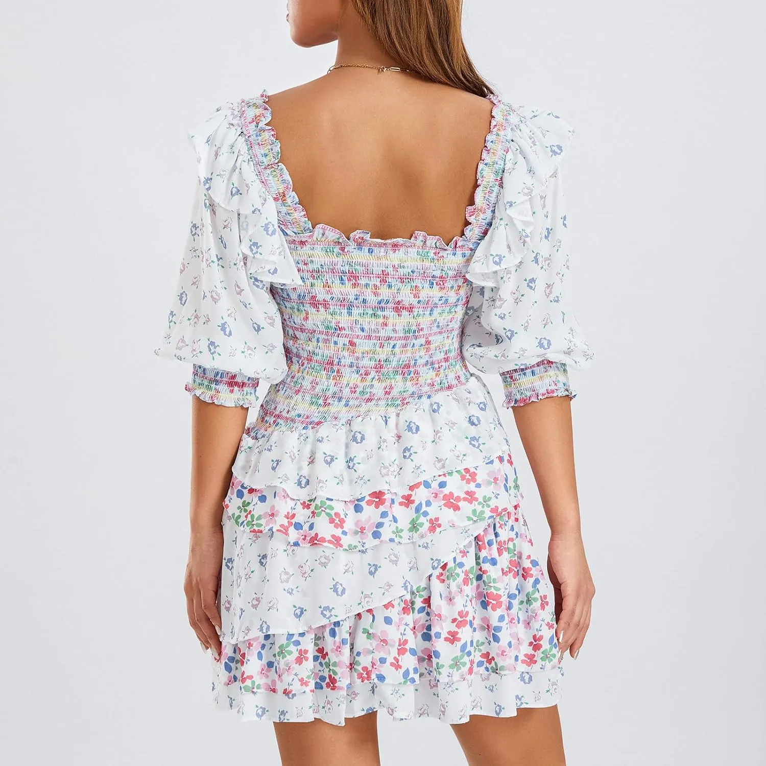 Women Puff Sleeve Mini Dress Casual Floral Square Neck High Waist A-Line Layered Ruffle Babydoll Smocked Dress