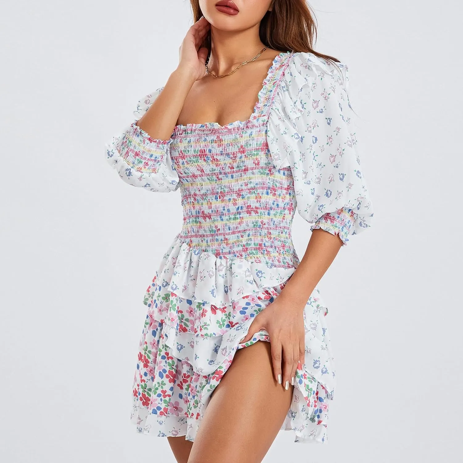 Women Puff Sleeve Mini Dress Casual Floral Square Neck High Waist A-Line Layered Ruffle Babydoll Smocked Dress