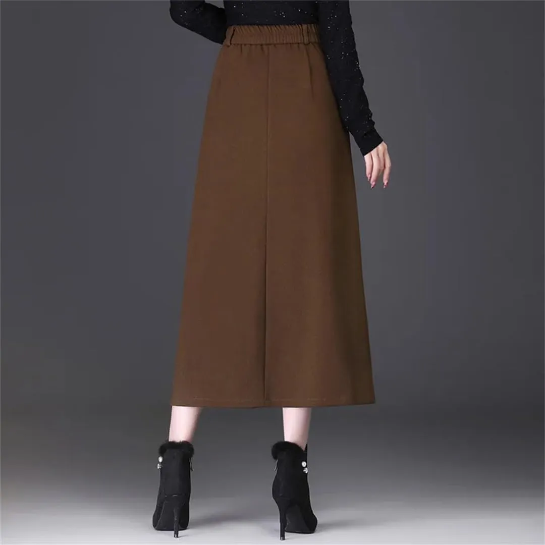 Women Split Joint Pleated Skirt High Waisted A-Line Midi Skirt Slim Skirt