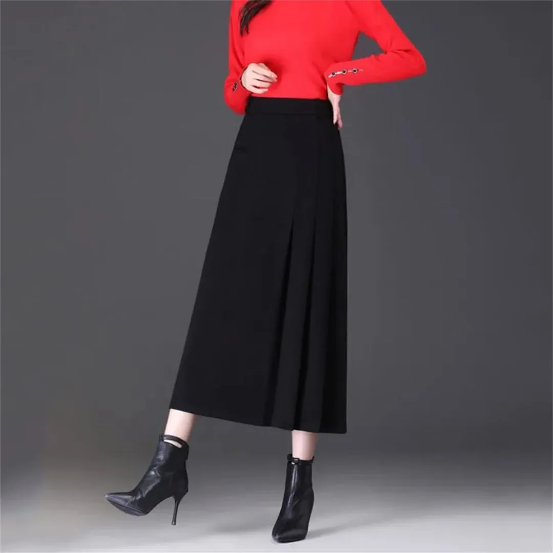 Women Split Joint Pleated Skirt High Waisted A-Line Midi Skirt Slim Skirt