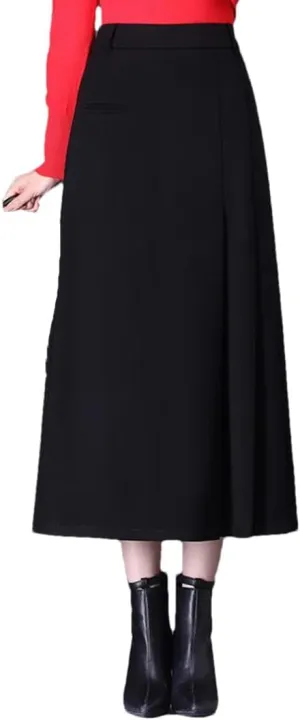 Women Split Joint Pleated Skirt High Waisted A-Line Midi Skirt Slim Skirt