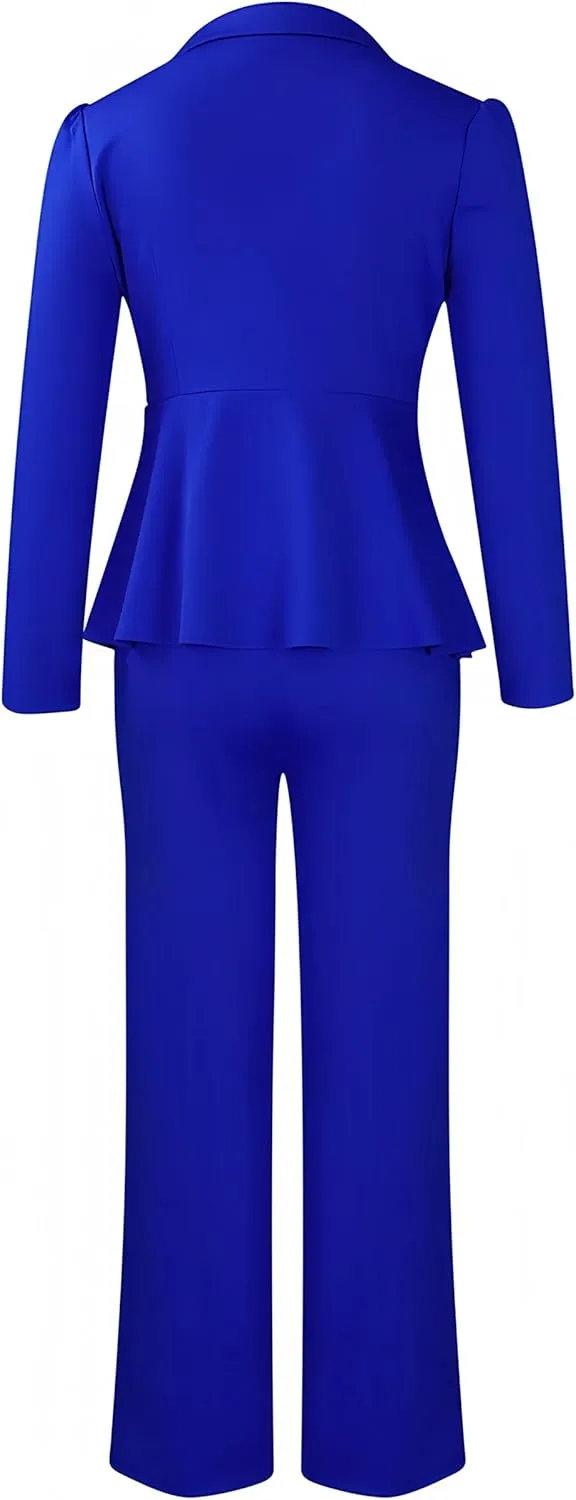 Women Suit Jacket 2 Piece Ruffle Blazer with Wide Leg Pants Suit Long Sleeve Business Casual Outfits