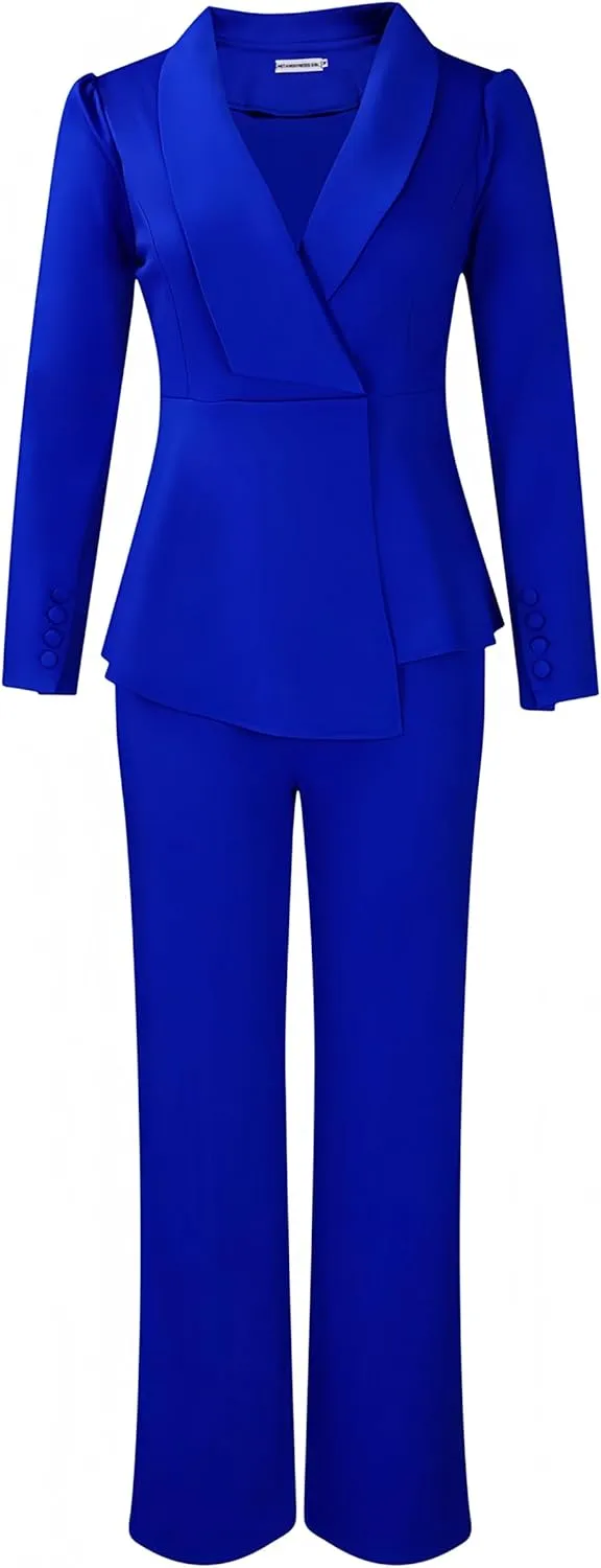 Women Suit Jacket 2 Piece Ruffle Blazer with Wide Leg Pants Suit Long Sleeve Business Casual Outfits