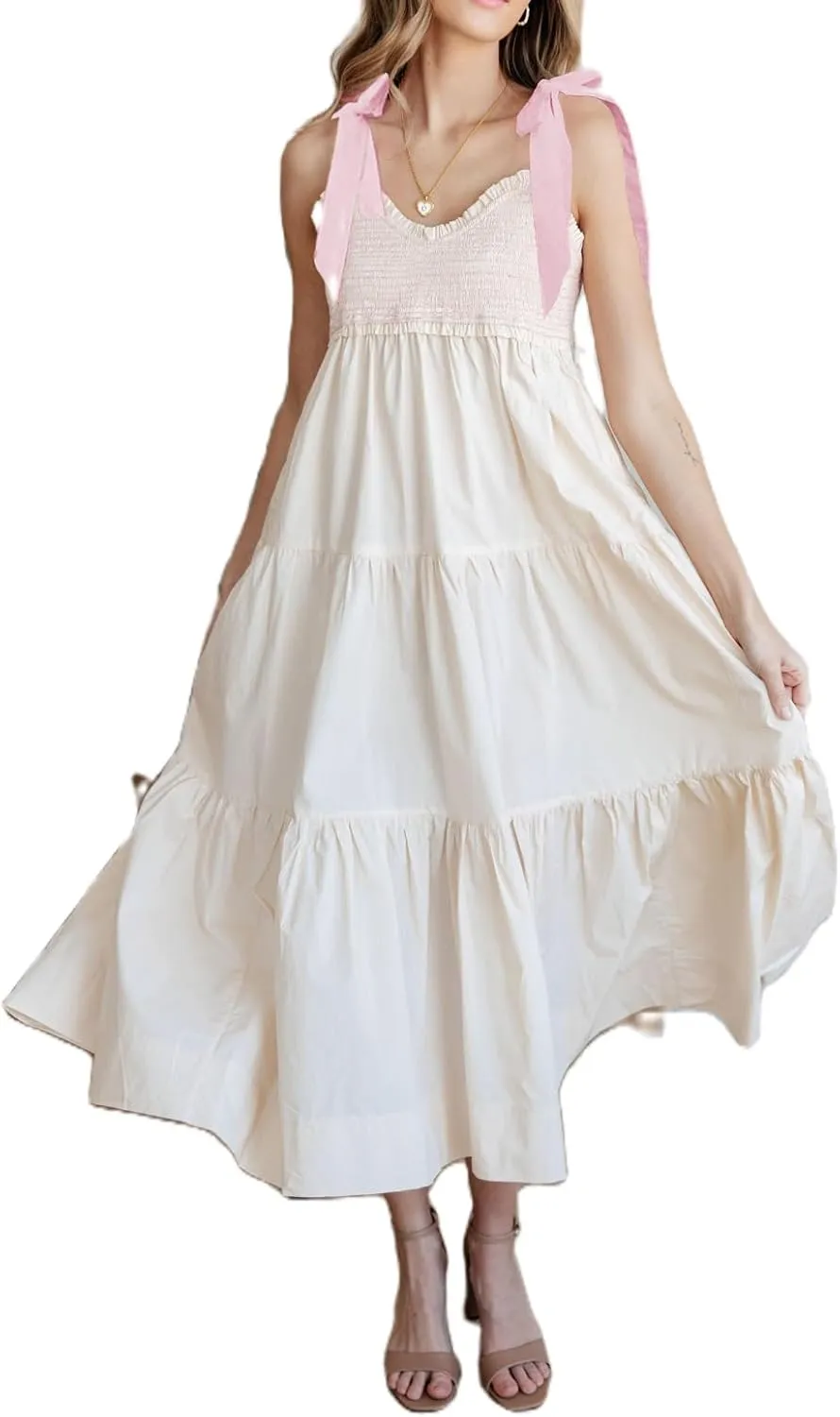Women Summer Boho Tie Shoulder Dress Y2k Floral Smocked Flowy Long Dress Ruffle Tiered Beach Vocation Sundress