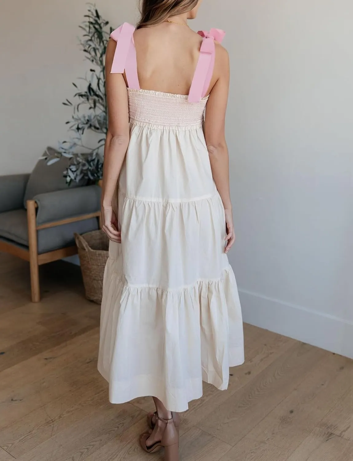 Women Summer Boho Tie Shoulder Dress Y2k Floral Smocked Flowy Long Dress Ruffle Tiered Beach Vocation Sundress