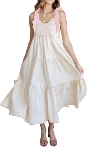 Women Summer Boho Tie Shoulder Dress Y2k Floral Smocked Flowy Long Dress Ruffle Tiered Beach Vocation Sundress