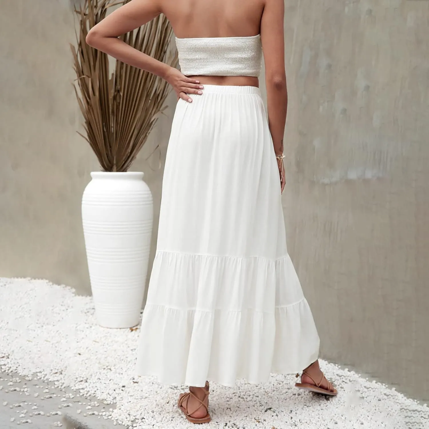 Women Summer Solid Color Long Skirt Elastic High Waist Pull On Maxi Skirt A Line Flowy Swing Beach Skirt