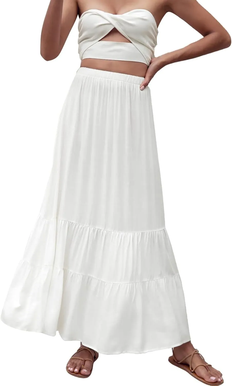 Women Summer Solid Color Long Skirt Elastic High Waist Pull On Maxi Skirt A Line Flowy Swing Beach Skirt