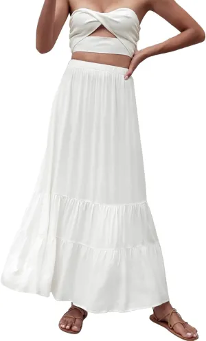 Women Summer Solid Color Long Skirt Elastic High Waist Pull On Maxi Skirt A Line Flowy Swing Beach Skirt