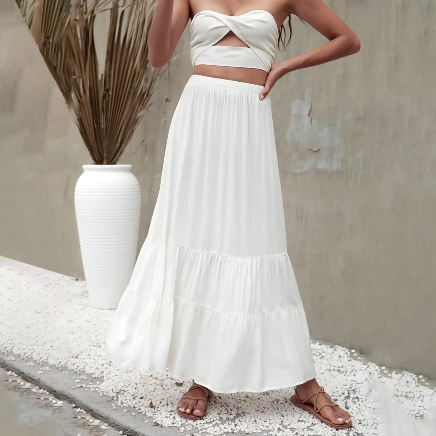 Women Summer Solid Color Long Skirt Elastic High Waist Pull On Maxi Skirt A Line Flowy Swing Beach Skirt