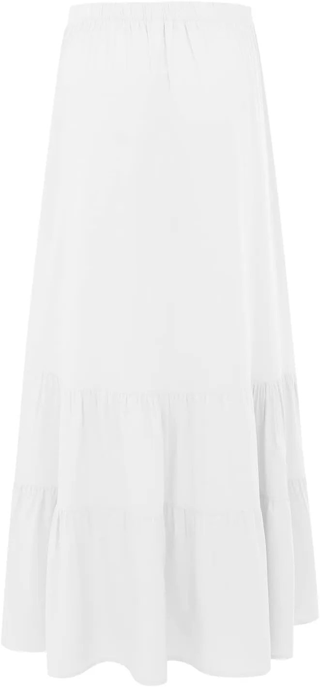 Women Summer Solid Color Long Skirt Elastic High Waist Pull On Maxi Skirt A Line Flowy Swing Beach Skirt