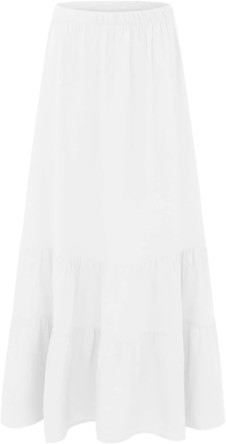 Women Summer Solid Color Long Skirt Elastic High Waist Pull On Maxi Skirt A Line Flowy Swing Beach Skirt