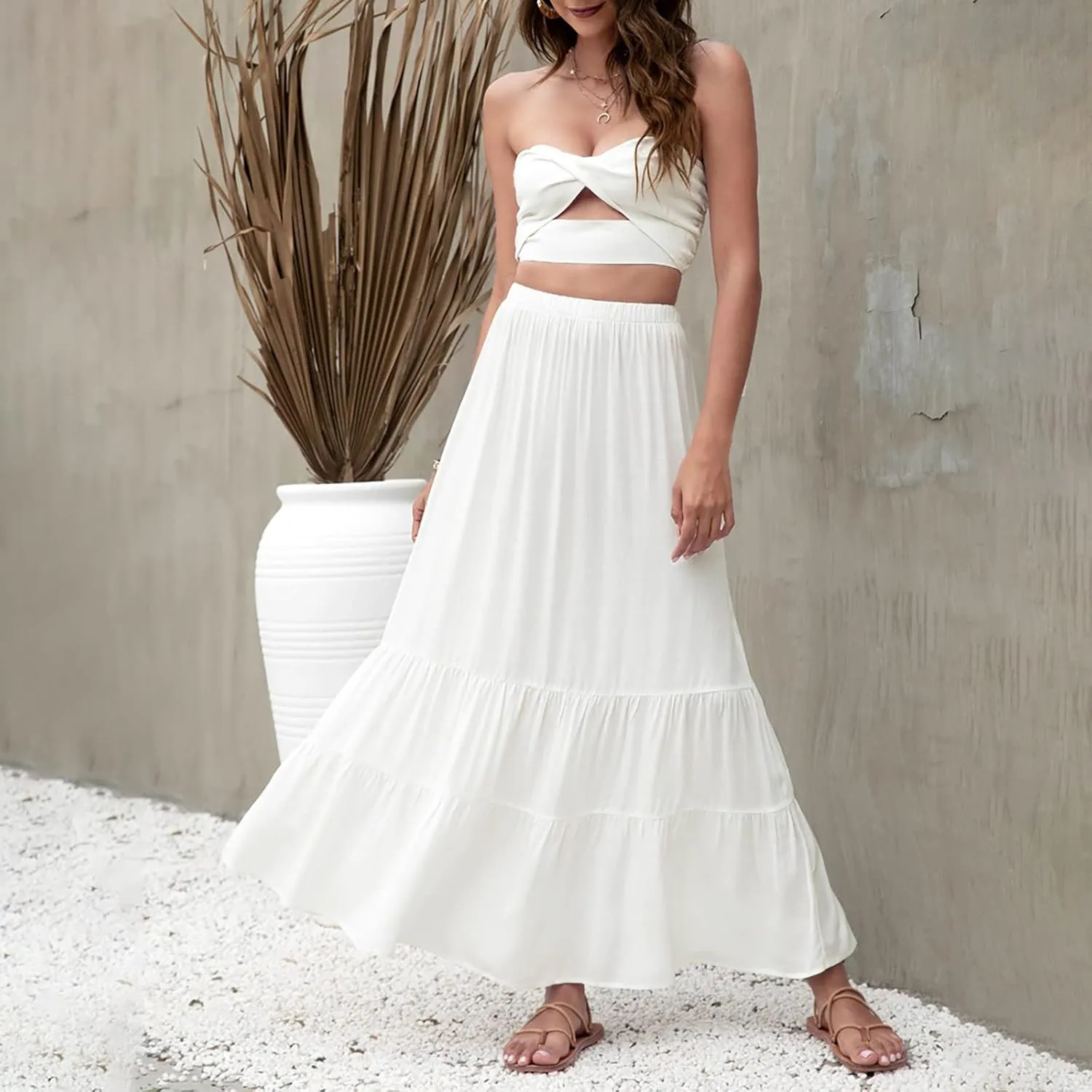 Women Summer Solid Color Long Skirt Elastic High Waist Pull On Maxi Skirt A Line Flowy Swing Beach Skirt