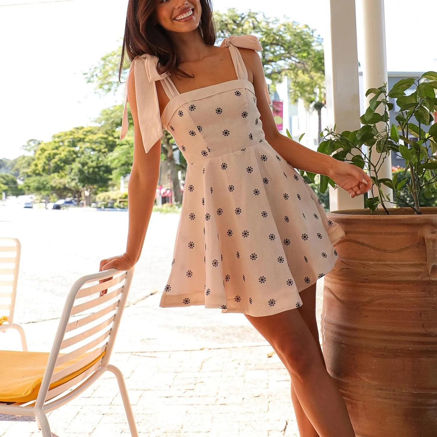 Women Tie Shoulder Boho Floral Mini Dress Y2k A Line Short Dresses Summer Going Out Ruffle Vacation Corset Dress