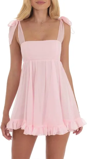 Women Tie Shoulder Mini Dress Floral Sleeveless Backless Bow Tie Strap Ruffle Flowy A-Line Cami Dress Beach Sundress
