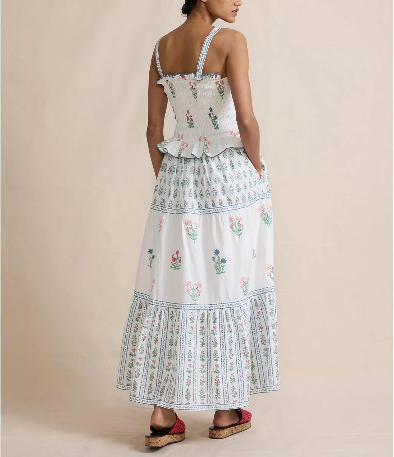 Women Tiered Ruffle Maxi Dress Floral Smocked Flowy Long Boho Beach Sundress Y2K A-Line Shoulder Tie Summer Midi Dress