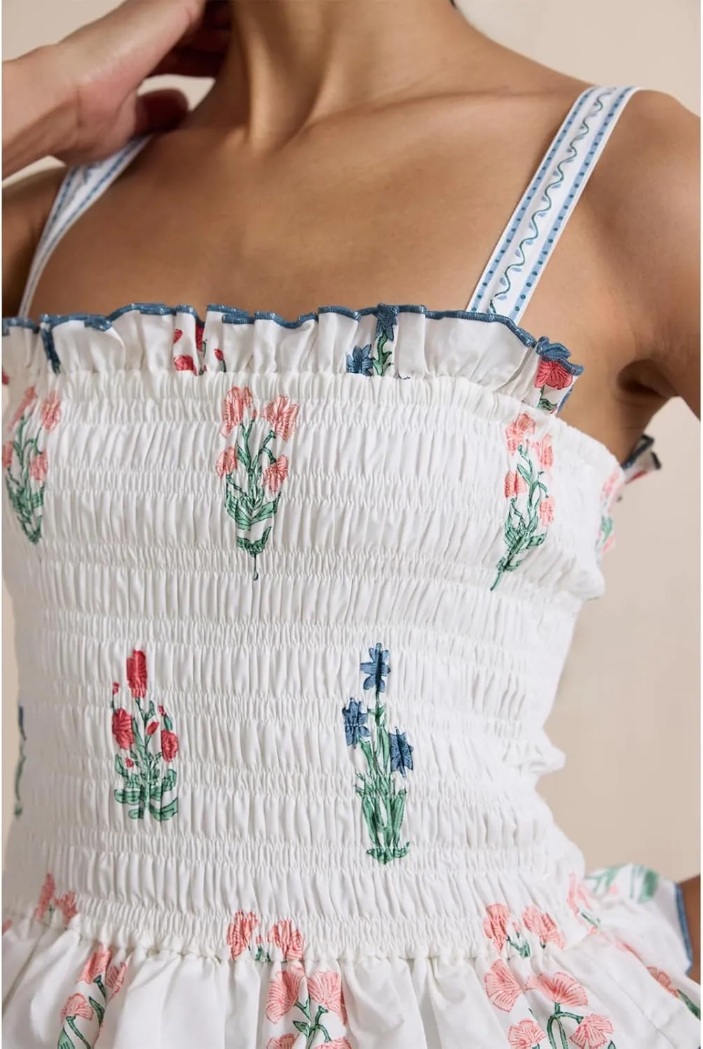 Women Tiered Ruffle Maxi Dress Floral Smocked Flowy Long Boho Beach Sundress Y2K A-Line Shoulder Tie Summer Midi Dress