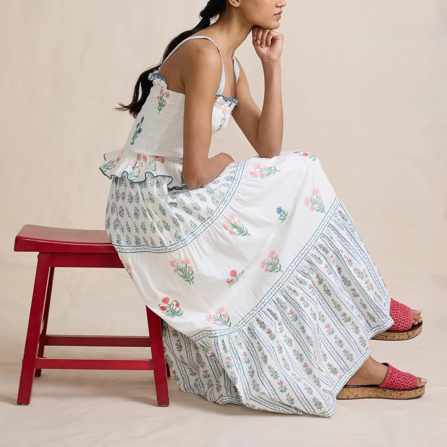 Women Tiered Ruffle Maxi Dress Floral Smocked Flowy Long Boho Beach Sundress Y2K A-Line Shoulder Tie Summer Midi Dress