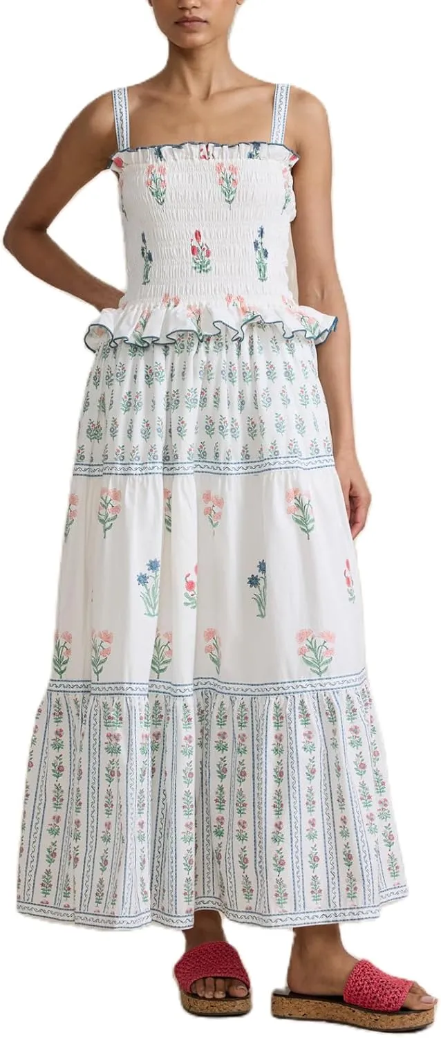 Women Tiered Ruffle Maxi Dress Floral Smocked Flowy Long Boho Beach Sundress Y2K A-Line Shoulder Tie Summer Midi Dress